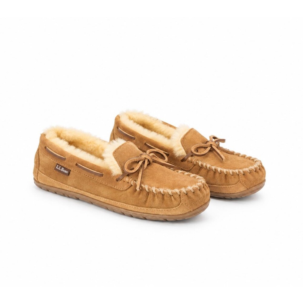 L.L.Bean Wicked Good Suede Shearling Moccasin Slippers Womens Size 8 Tan